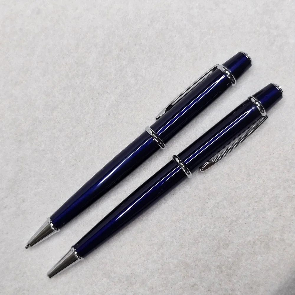 Bill Blass Blue Chrome Ballpoint Pen Mechanical Pencil Set Refills BB0091RF